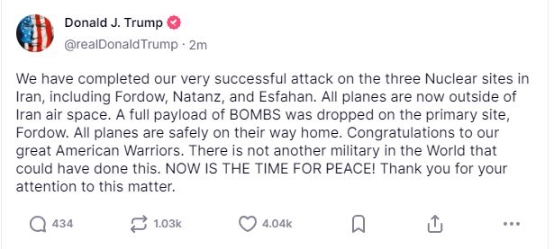 突发！特朗普：美国完成对伊朗三处核设施的袭击
