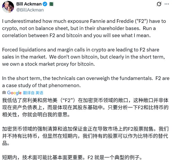 Bill Ackman:加密货币市场动荡正波及“两房”股价 Bill Ackman:加密货币市场动荡正波及“两房”股价