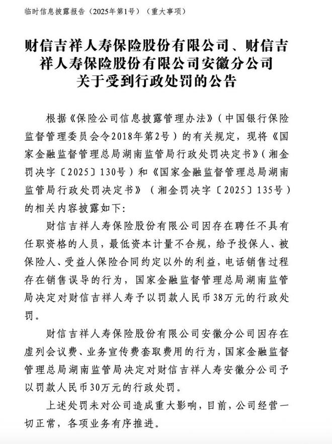 财信吉祥人寿陷合规危机：134万罚单背后的经营困局，副总承担连带责任
