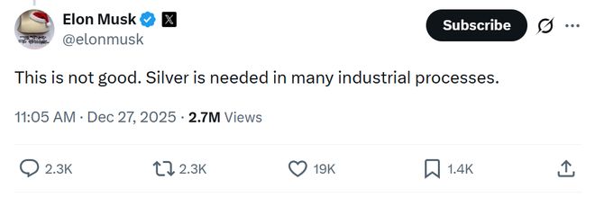 白银狂飙，马斯克直言：这不好！