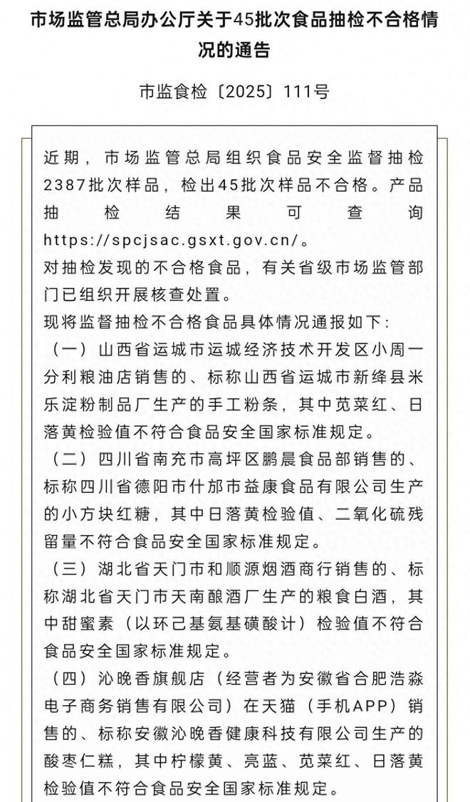 市场监管总局:45批次食品抽检不合格通报发布,多家知名企业上榜! 市场监管总局:45批次食品抽检不合格通报发布,多家知名企业上榜!