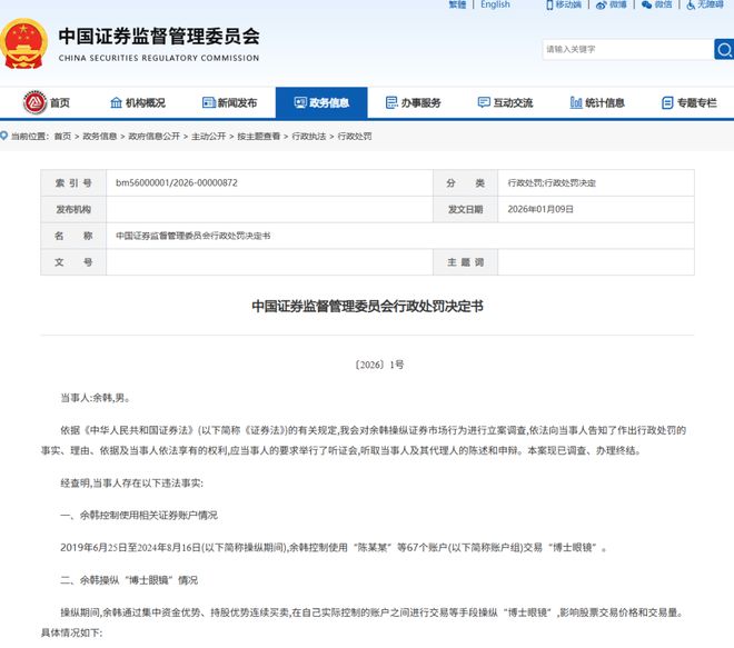用67个账户操纵“博士眼镜”获利5.1亿元,余韩被罚没超10亿元!