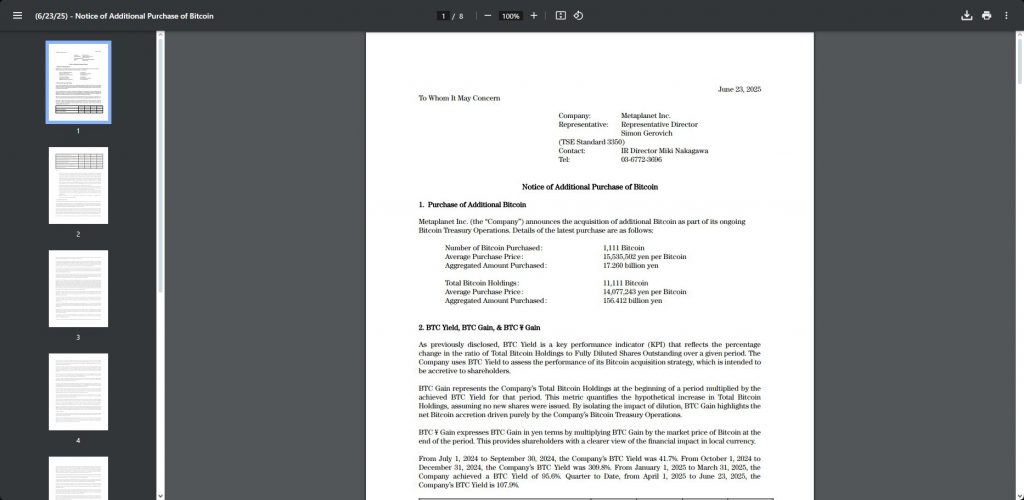 Metaplanet 再次购买 1,111 枚比特币，价值 1.11 亿美元；BTC 目标价位 11.7 万美元(3)